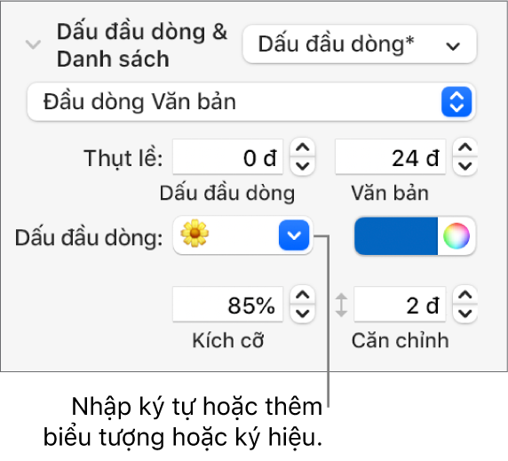 Phần Dấu đầu dòng & Danh sách của thanh bên Định dạng. Trường Đầu dòng hiển thị một biểu tượng bông hoa.