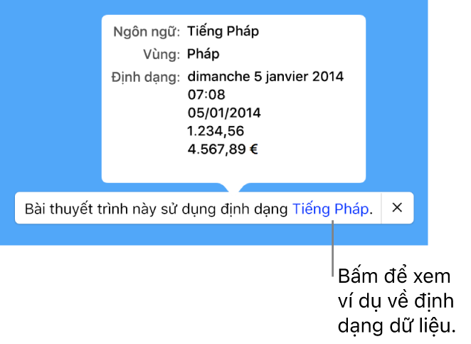 Thông báo về cài đặt ngôn ngữ và vùng khác, đang hiển thị các ví dụ về định dạng trong ngôn ngữ và vùng đó.
