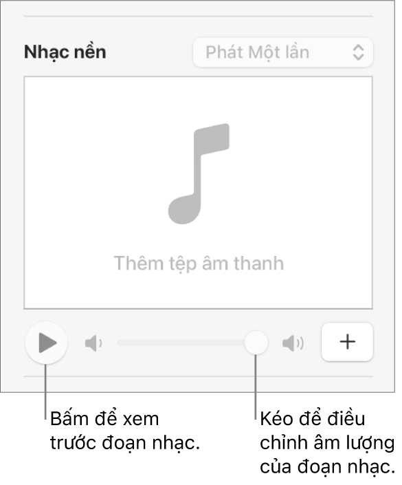 Các điều khiển Bản nhạc với nút Phát và thanh trượt âm lượng được gọi ra.