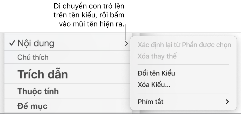Menu Kiểu đoạn với menu phím tắt mở.