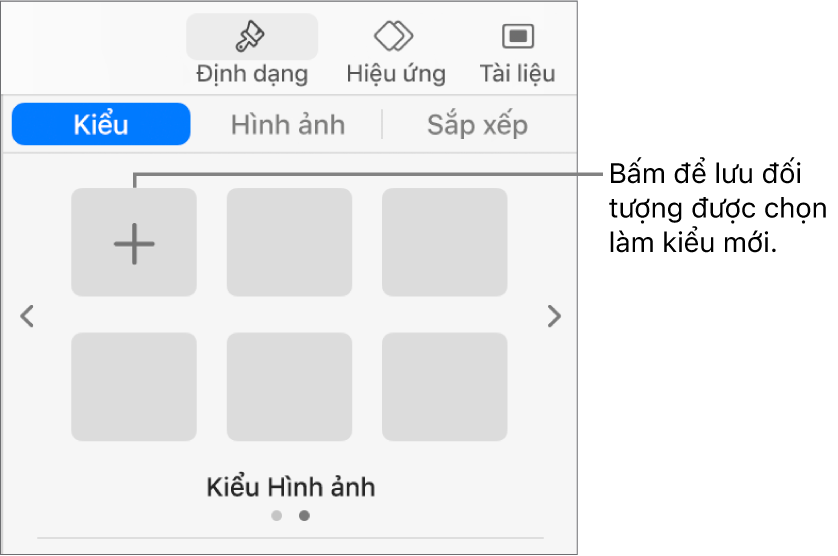 Tab Kiểu của thanh bên Định dạng với một kiểu hộp văn bản, một nút Tạo kiểu ở bên phải và bốn trình giữ chỗ kiểu trống.