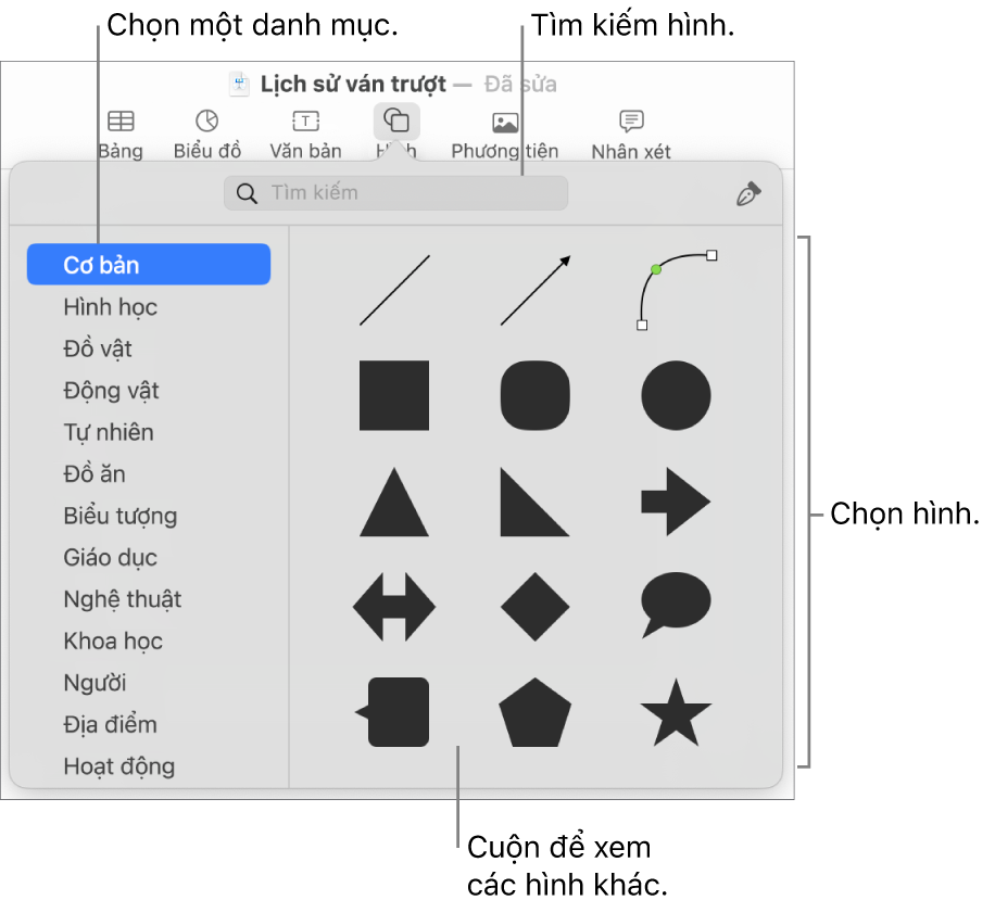 Thư viện hình dạng, với các danh mục được liệt kê ở bên trái và các hình được hiển thị ở bên phải. Bạn có thể sử dụng trường tìm kiếm ở trên cùng để tìm các hình và cuộn để xem thêm.