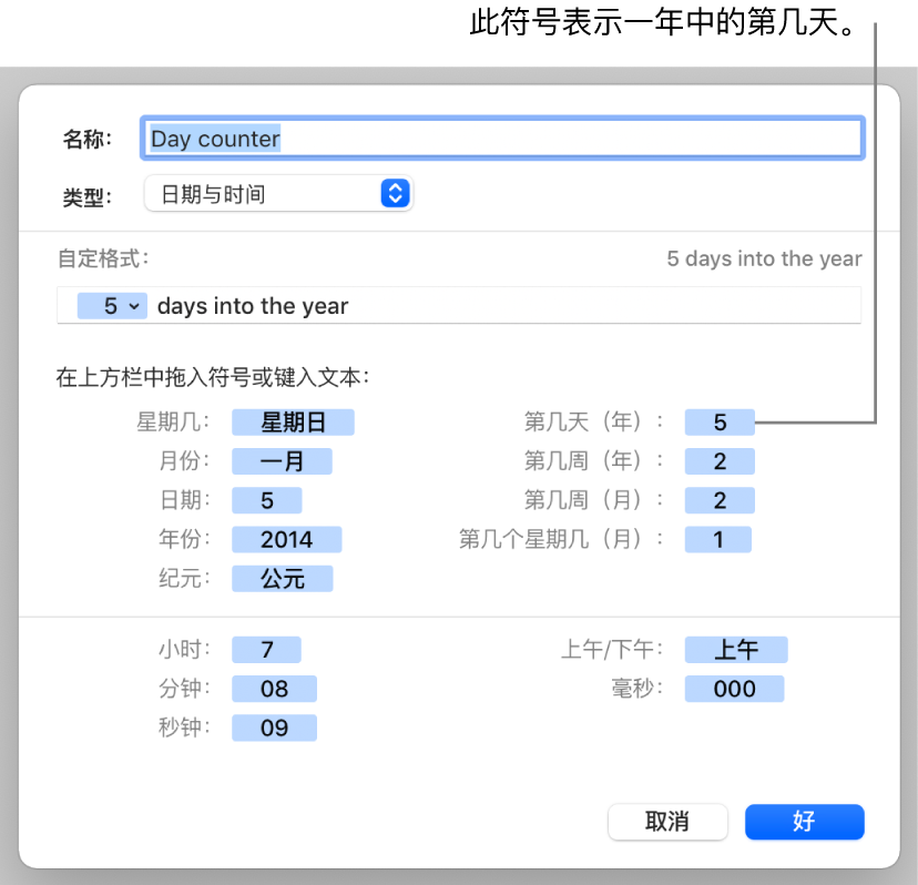 自定义单元格格式窗口，带有用于创建自定义日期和时间格式的控制。