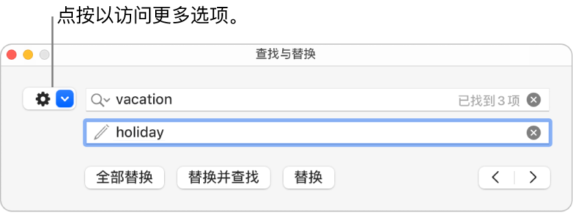 “查找与替换”窗口，标注框指向显示更多选项的弹出式菜单。
