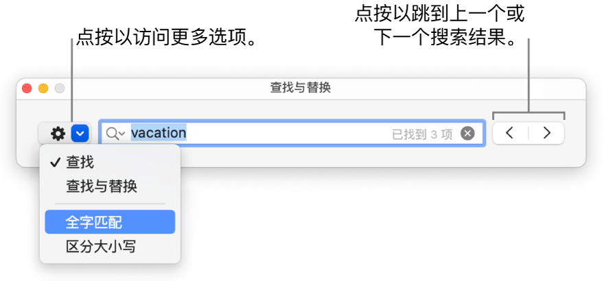 “查找与替换”窗口，其中的弹出式菜单显示“查找”、“查找与替换”、“全字匹配”和“区分大小写”的选项。右侧的箭头可让你跳到上一个或下一个搜索结果。