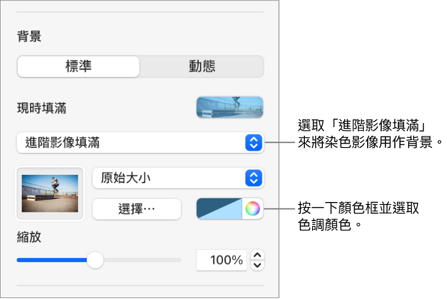 「背景」控制項目，其中染色的「進階影像填滿」已設定為投影片背景。