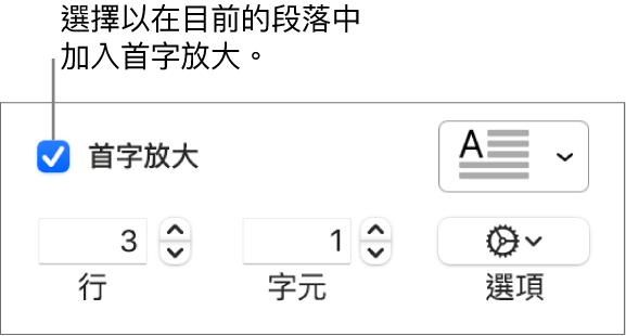 已剔選「首字放大」剔選框，然後彈出式選單在其右邊出現；設定行高、字數和其他選項的控制項目則在其下方出現。