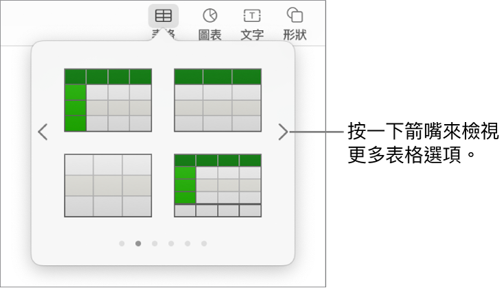 左側和右側帶有導覽箭嘴的「加入表格」面板。