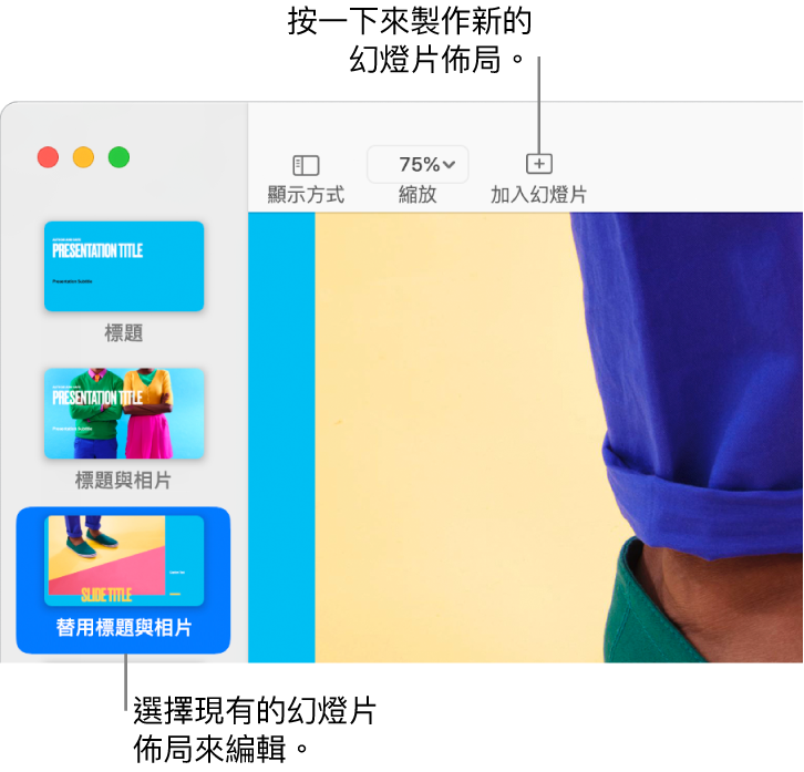 投影片佈局區域中顯示投影片佈局，上方的工具列帶有「加入投影片」按鈕。