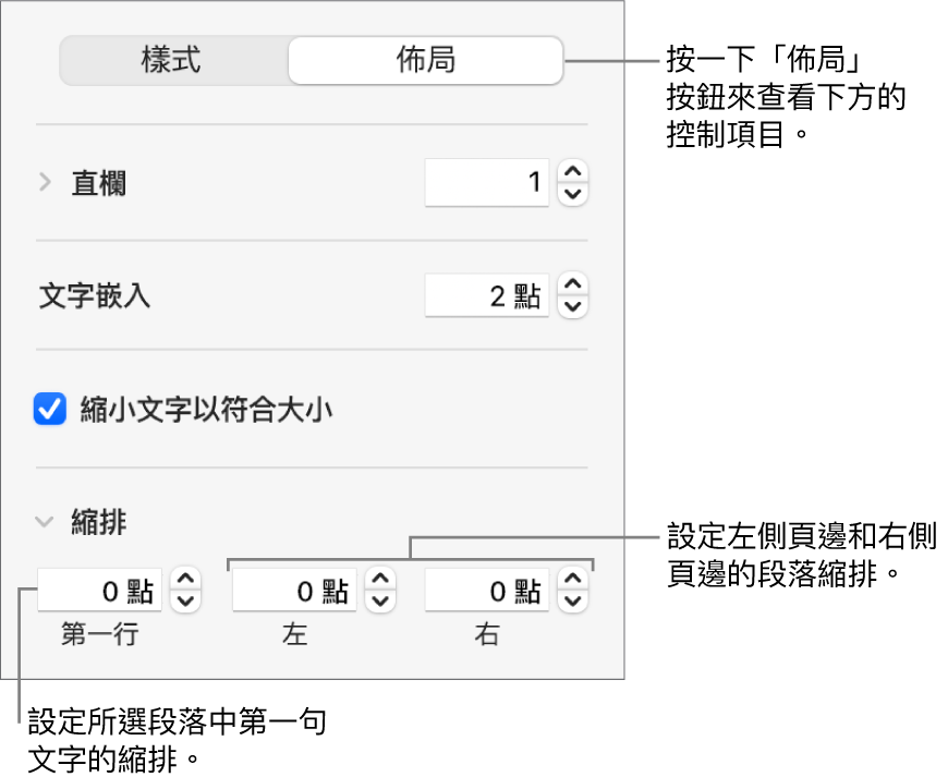 「格式」側邊欄的「佈局」區域，顯示設定第一行縮排與段落頁邊的控制項目。