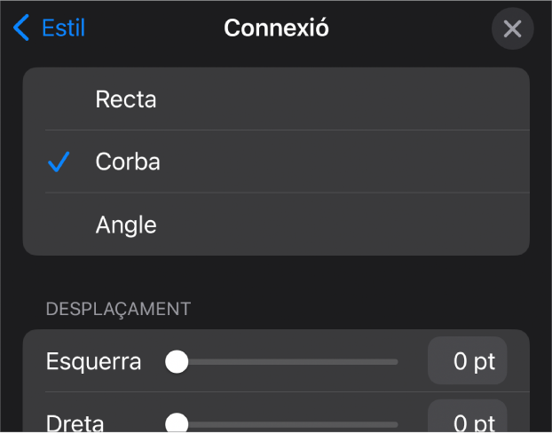 Els controls Connexió amb l’opció Corba seleccionada.