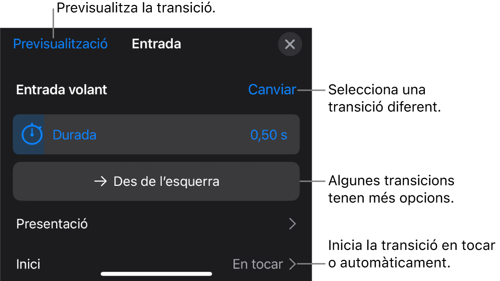 Els controls del tauler Opcions per modificar una transició.