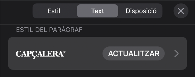 Un estil de paràgraf amb un asterisc al costat i un botó “Actualitza” a la dreta.