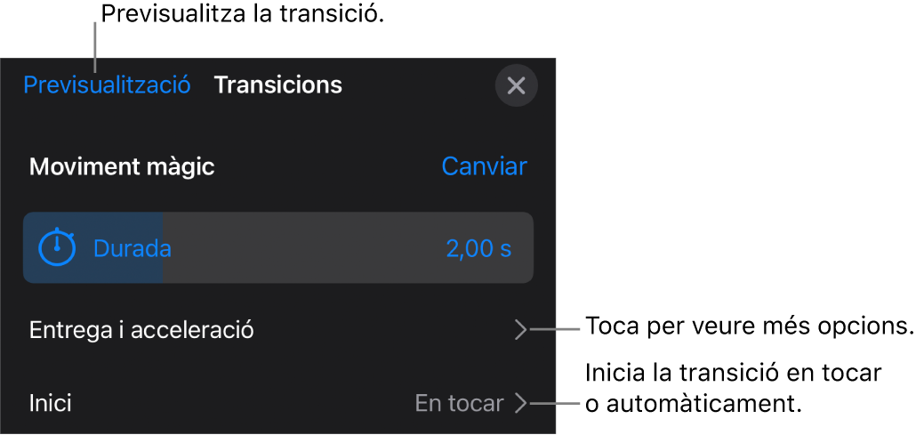 Els controls “Moviment màgic” del tauler Transicions.