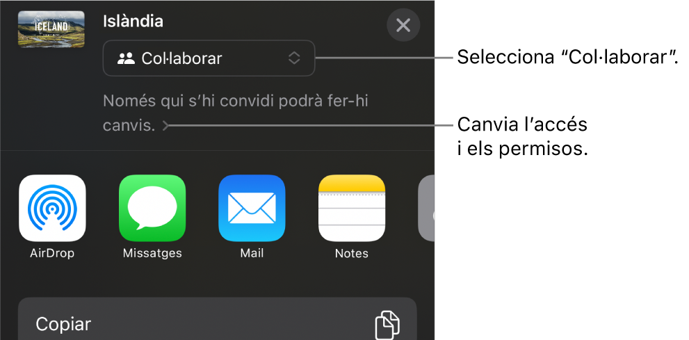 Menú “Comparteix” amb l’opció “Col·labora” seleccionada a la part superior i la configuració dels permisos a sota.