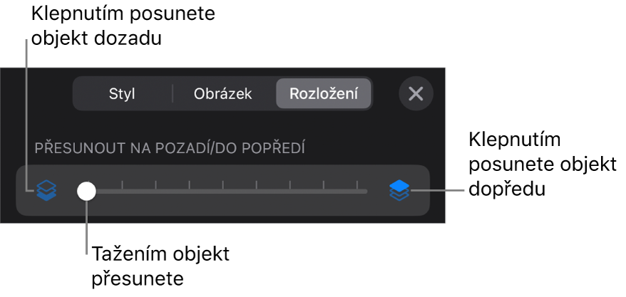 Tlačítko pro přesun vzad, tlačítko pro přesun vpřed a posuvník vrstev