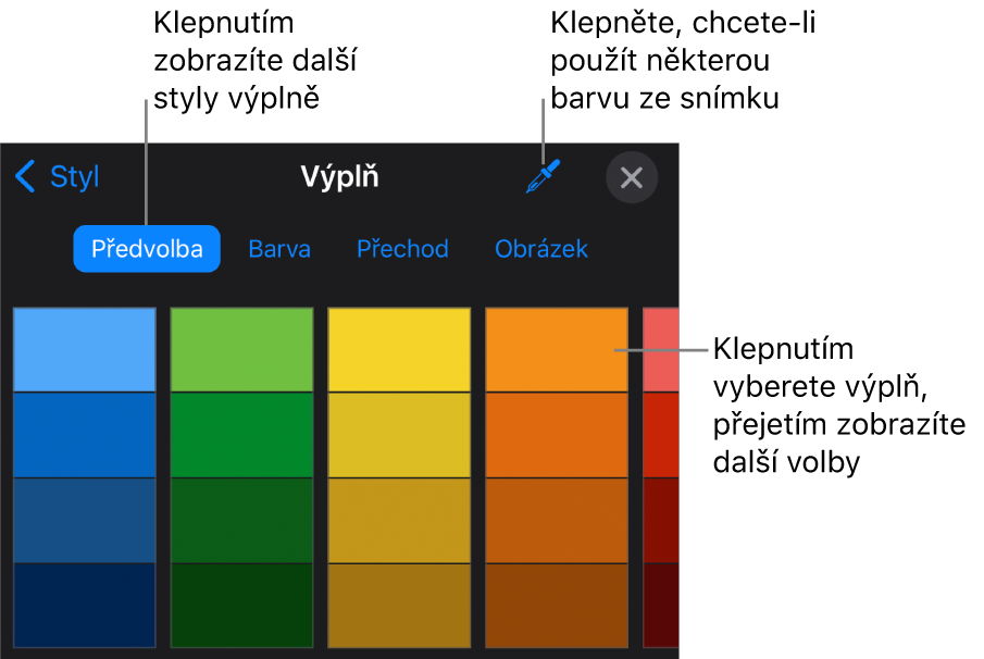 Volby výplně na kartě Styl