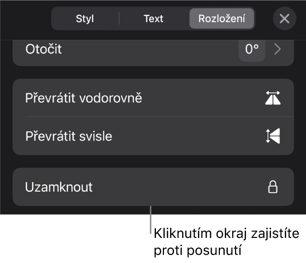 Ovládací prvky pro rozložení v nabídce Formát; vyznačeno je tlačítko Zamknout