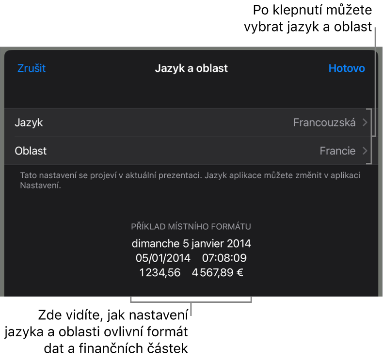 Panel Jazyk a oblast obsahující ovládací prvky pro jazyk a oblast a ukázku formátu, včetně data, času, desetinného oddělovače a měny.