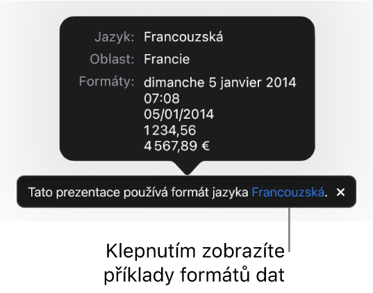 Upozornění na odlišné nastavení jazyka a oblasti s ukázkami formátování pro daný jazyk a oblast