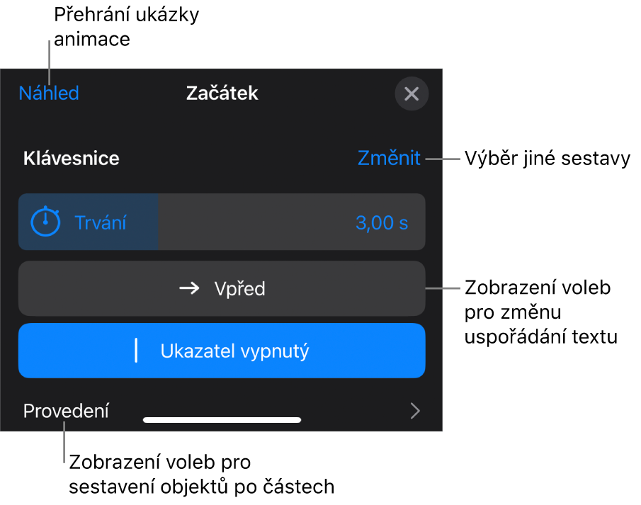 K volbám sestavy patří Trvání, Animace textu a Provedení Chcete-li vybrat jinou sestavu, klepněte na Změnit. Klepnutím na Náhled spustíte náhled sestavy