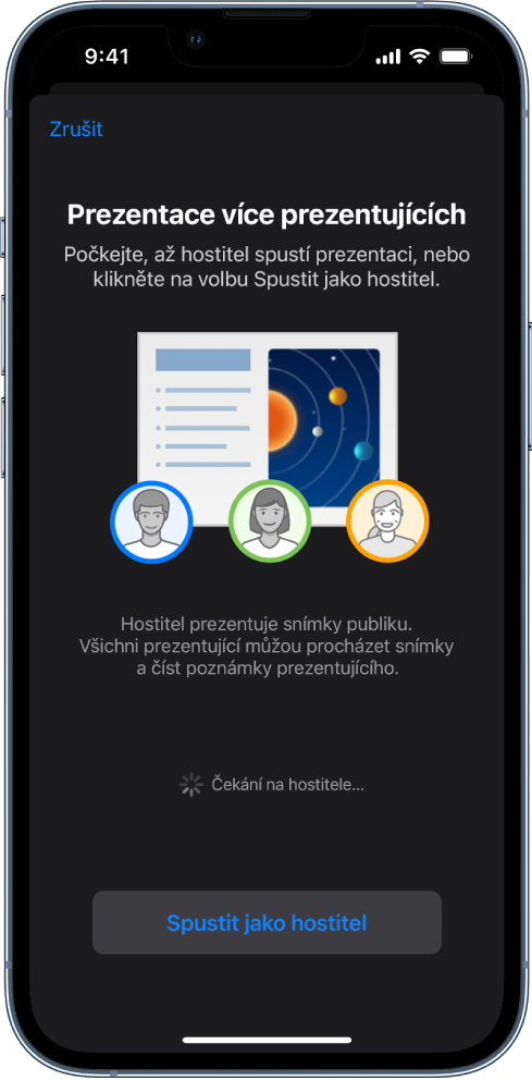 Okno představující prezentace s více prezentujícími a tlačítkem „Spustit jako hostitel“ dole.