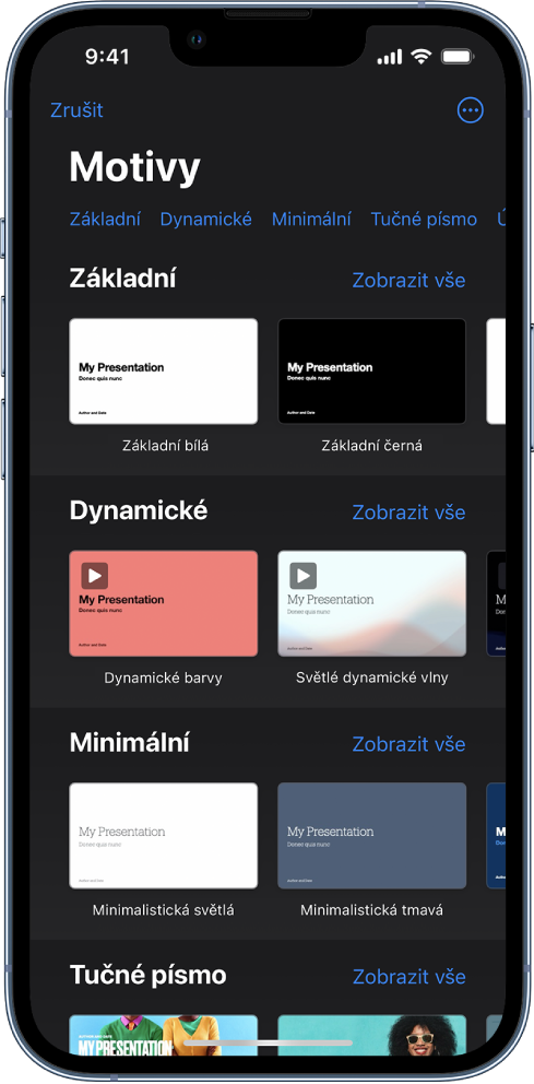 Okno pro výběr motivů s řádkem kategorií u horního okraje; klepnutím na ně můžete filtrovat možnosti pro výběr. Pod tím jsou miniatury předdefinovaných motivů, uspořádané v řádcích podle kategorií.
