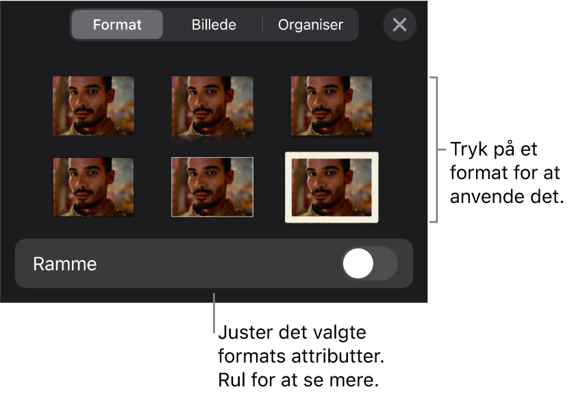 Fanen Format til menuen Format med objektformater øverst og derunder en betjeningsmulighed til ændring af rammen.