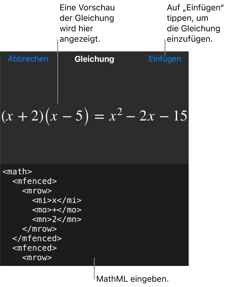 Im Dialogfenster „Gleichung“ wird eine Gleichung angezeigt, die mit MathML-Befehlen geschrieben wurde, darüber wird eine Vorschau der Formel angezeigt.
