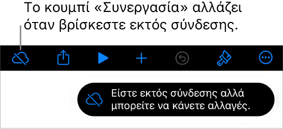 Τα κουμπιά στο πάνω μέρος της οθόνης, και το κουμπί «Συνεργασία» έχει αλλάξει σε σύννεφο με μια διαγώνια γραμμή που το διαπερνά. Μια ειδοποίηση στην οθόνη που λέει «Είστε εκτός σύνδεσης αλλά μπορείτε να κάνετε αλλαγές».