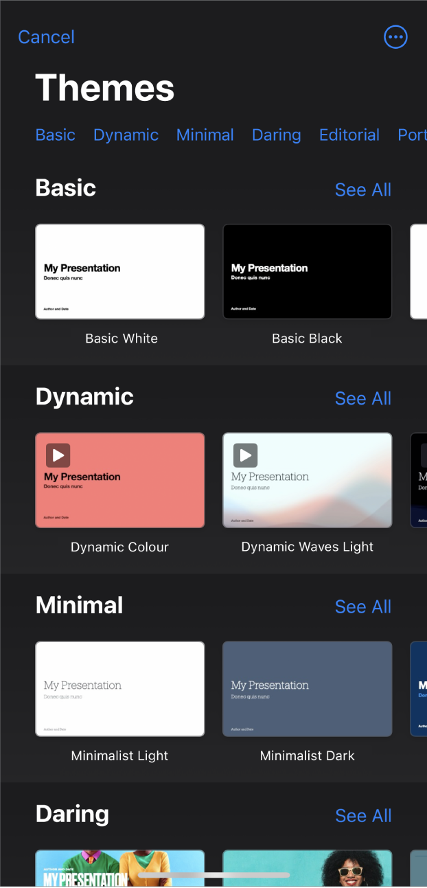 The theme chooser, showing a row of categories across the top that you can tap to filter the options. The More button is in the top-right corner, where you can set Standard or Wide format and set formatting for a specific language or region. Below are thumbnails of pre-designed themes arranged in rows by category. A See All button appears above and to the right of each category row.