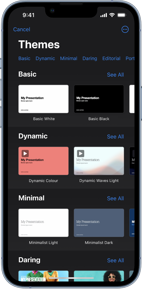 The theme chooser, showing a row of categories across the top that you can tap to filter the options. Below are thumbnails of pre-designed themes arranged in rows by category.