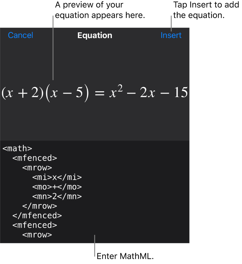 The Equation dialogue, showing an equation written using MathML commands, and a preview of the formula above.