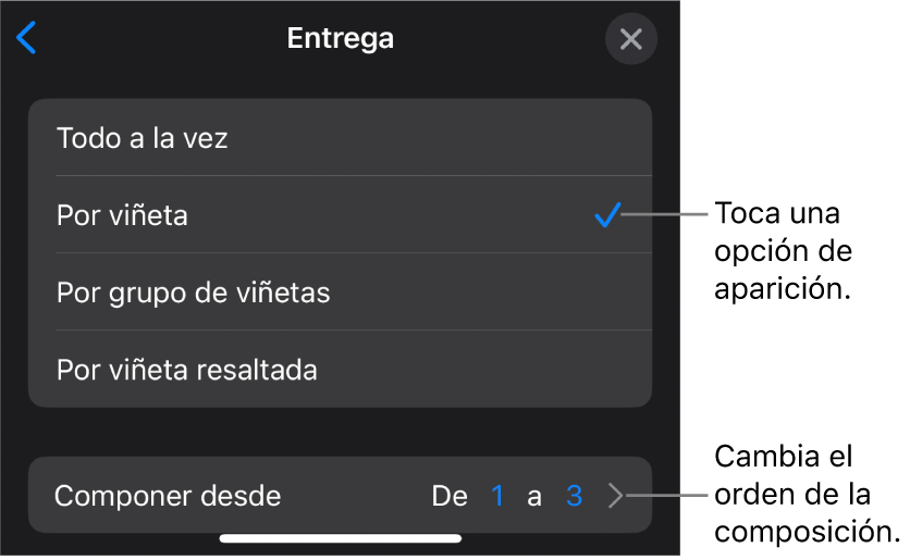 Opciones de Entrega en el panel Entrada.