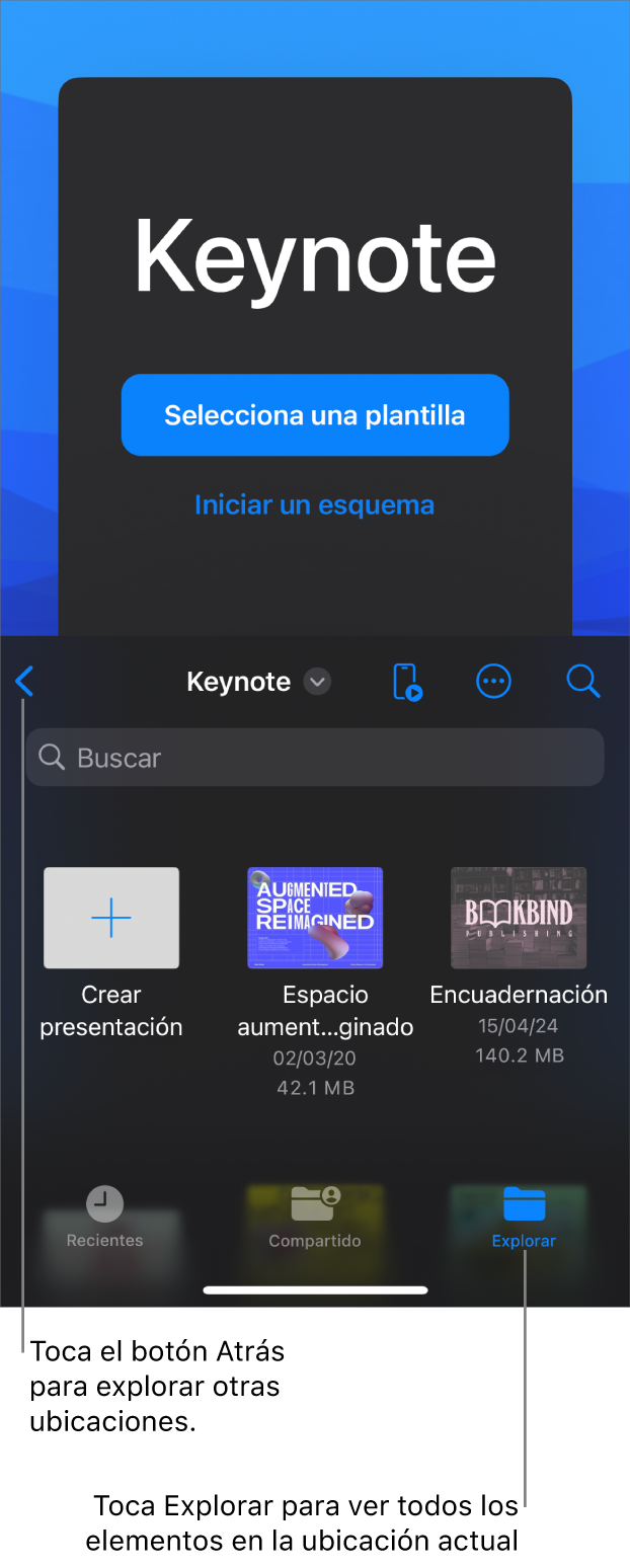 El administrador de documentos con botones para selecciona una plantilla e iniciar una presentación desde un esquema en la mitad superior de la pantalla, y el explorador de documentos con una presentación compartida en la parte inferior.