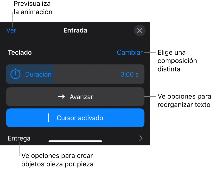 Las opciones de composición incluyen Duración, Animación del texto y Entrega. Toca Cambiar para seleccionar una composición distinta, o toca Vista previa para obtener una vista previa de la composición.