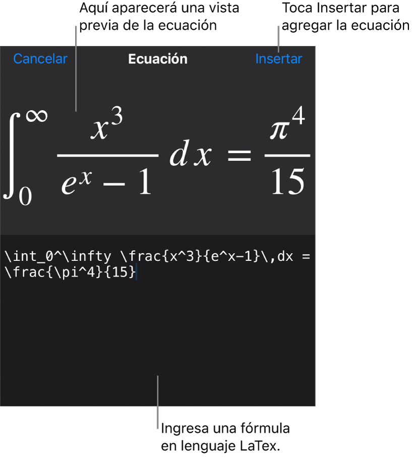 El cuadro de diálogo Ecuación con una ecuación escrita con comandos de LaTeX y una vista previa de la fórmula encima.