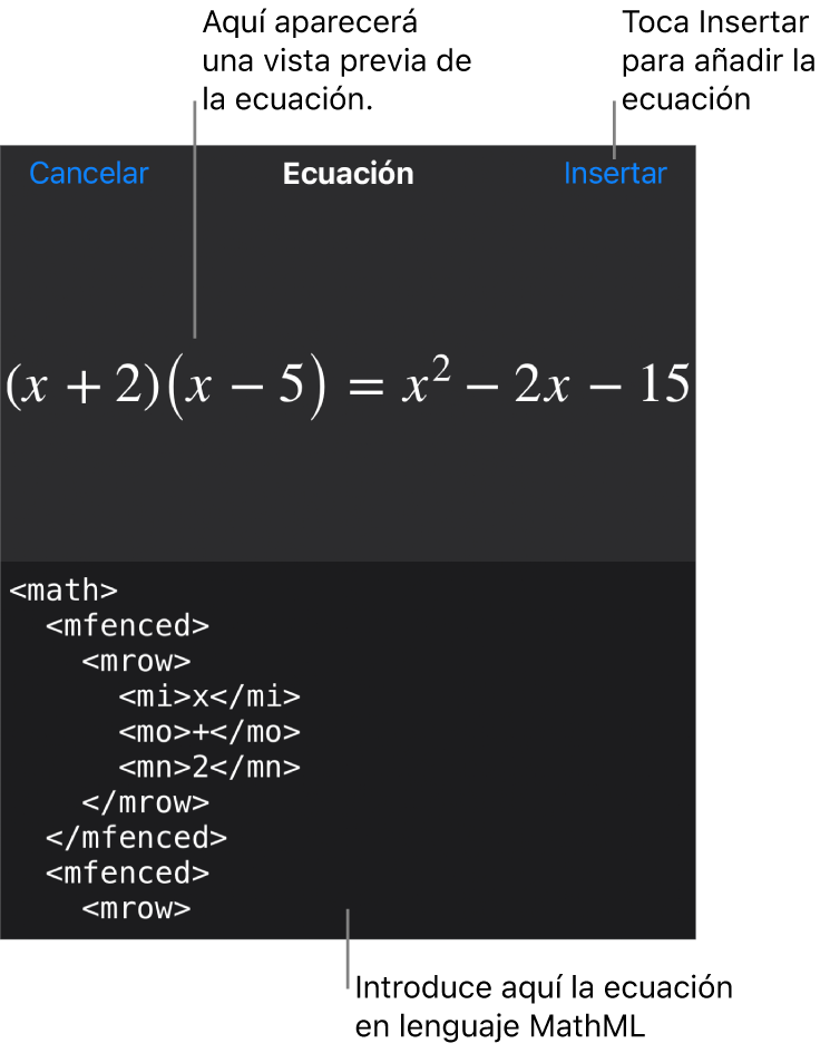 El diálogo Ecuación con una ecuación escrita con comandos de MathML y una previsualización de la fórmula encima.