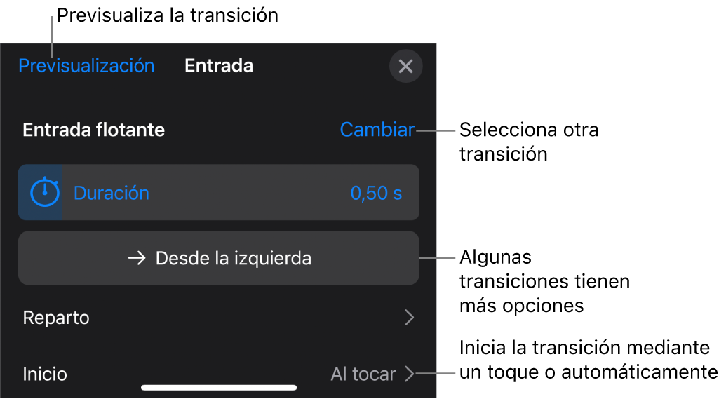 Controles del panel Opciones para modificar una transición.