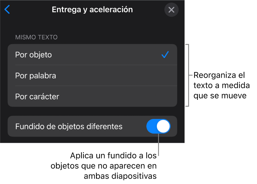 Opciones de entrega y aceleración de “Movimiento mágico” en el panel Aceleración.