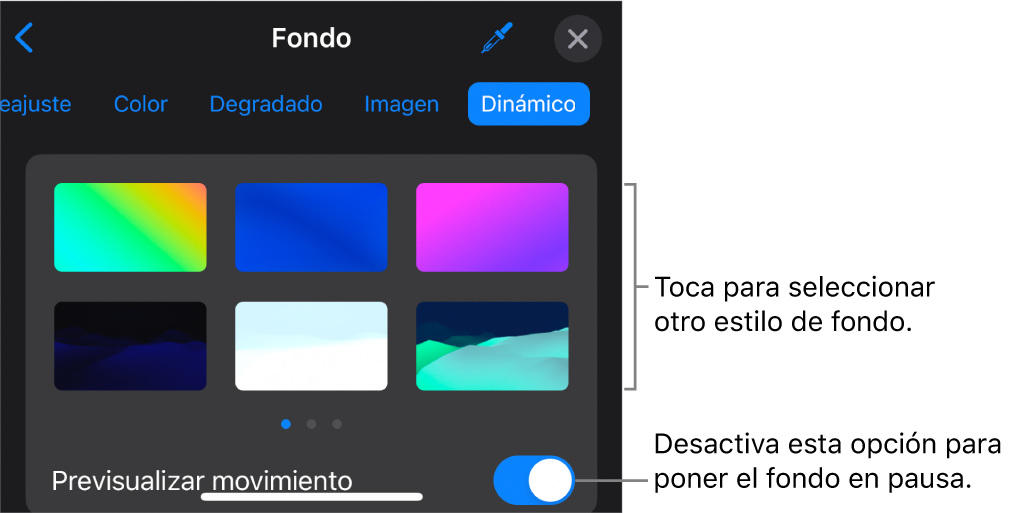 Los controles de fondo dinámico con las miniaturas de estilo de fondo y el botón «Previsualizar movimiento».