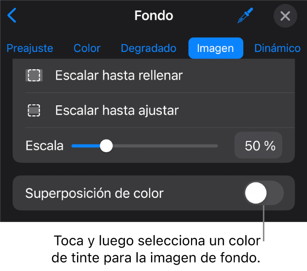 Los controles de Fondo con una imagen establecida como el fondo de la diapositiva y el control “Superposición de color” en la parte inferior.