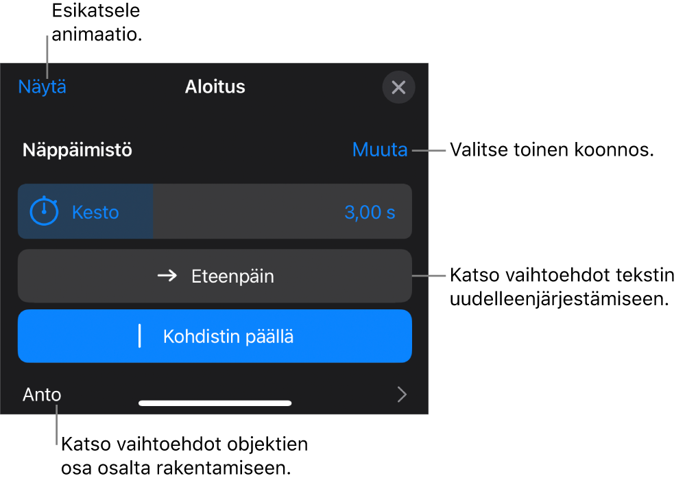 Koonnosvalintoihin sisältyy Kesto, Tekstin animointi ja Anto. Valitse toinen koonnos napauttamalla Muuta tai esikatsele koonnosta napauttamalla Esikatsele.
