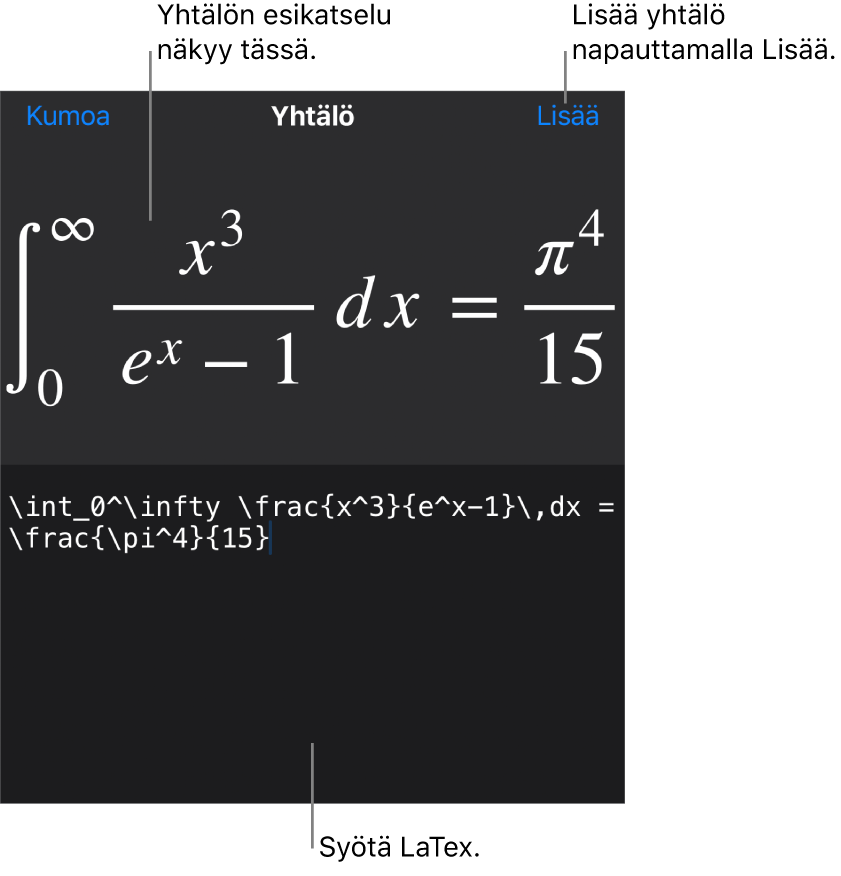 Yhtälö-valintaikkuna, jossa näkyy LaTex-komentoja käyttäen syötetty yhtälö, ja yllä kaavan esikatselu.