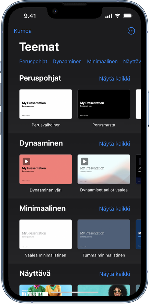 Teemanvalitsin, jonka yläreunassa näkyy kategorioiden rivi, jota napauttamalla voidaan suodattaa vaihtoehtoja. Alla on esimääritettyjen teemojen miniatyyreja, jotka on järjestetty riveihin kategorian mukaan.