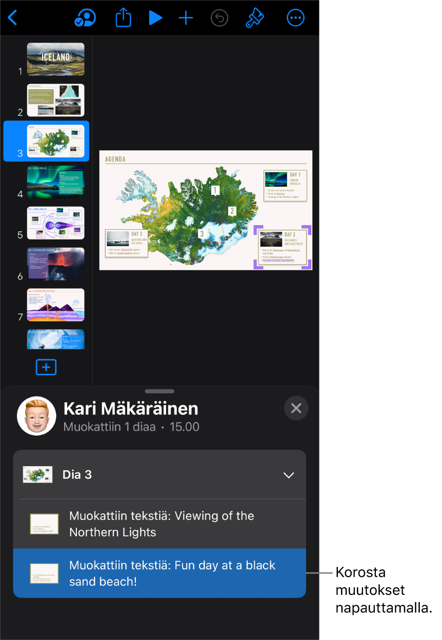 Yhteistyöesitys, jossa ovat avoinna yhteistyövalikko ja toimintaluettelo.