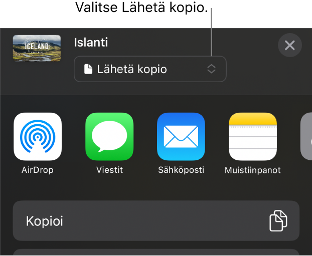 Jaa-valikko, jossa on ylhäällä valittuna Lähetä kopio.