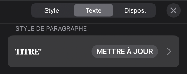 Style de paragraphe avec un astérisque affiché à côté et un bouton Mettre à jour à droite.