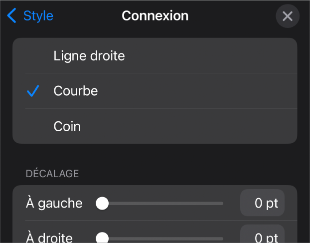 Les commandes Connexion avec l’option Courbe sélectionnée.