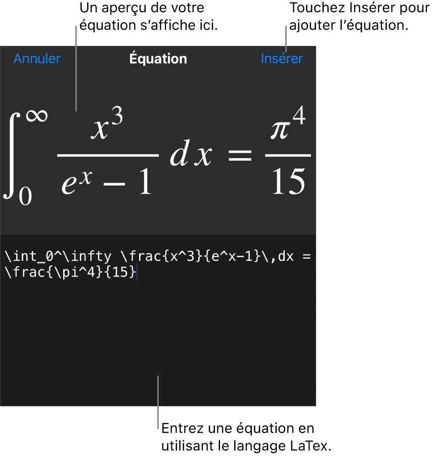 Zone de dialogue Équation, affichant une équation composée à l’aide des commandes LaTex et aperçu de la formule au-dessus.